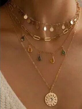 Boho Gold Tone Colored Rhinestone Multilayer Necklace